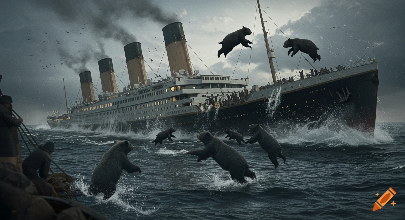 Titanic ship in stormy water with bears jumping off and swimming around it.