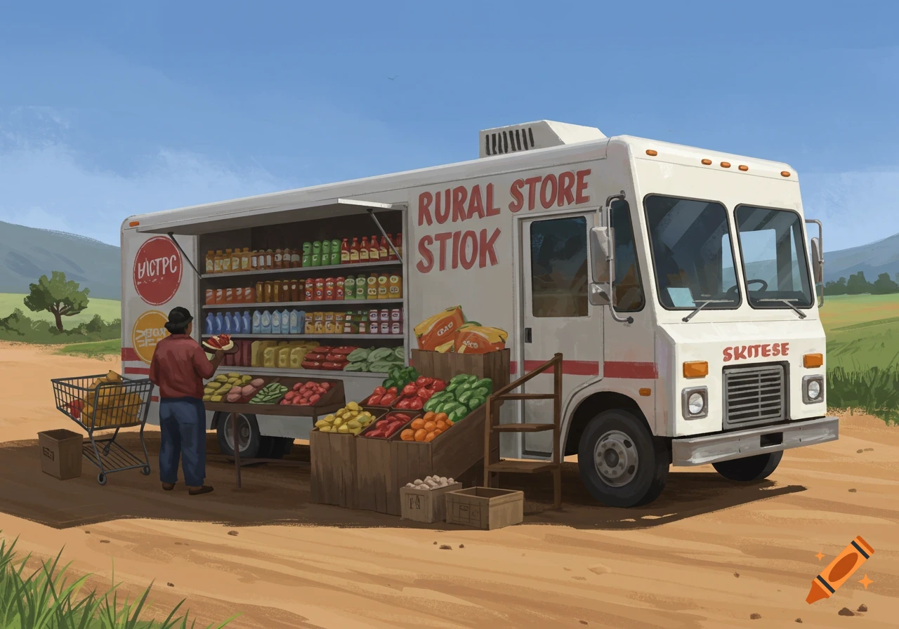 Illustrative painting of a mobile grocery store truck parked on a dirt road in a rural landscape with a customer browsing produce.