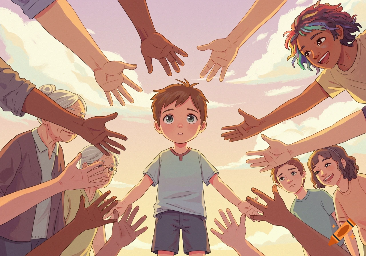 Illustration of a child standing as many diverse hands and faces reach out towards him.