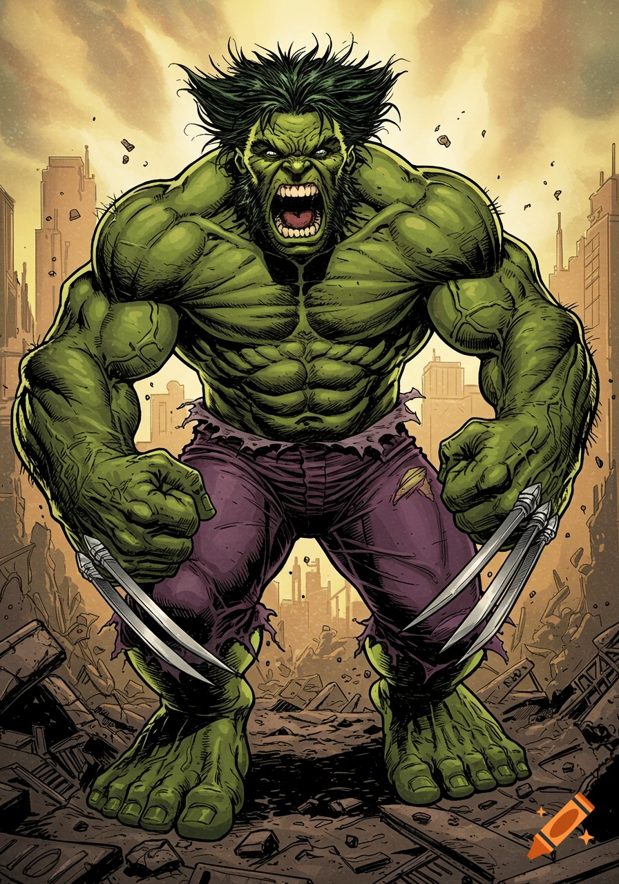Comic art of a Hulk/Wolverine hybrid monster roaring with claws extended in a destroyed city.