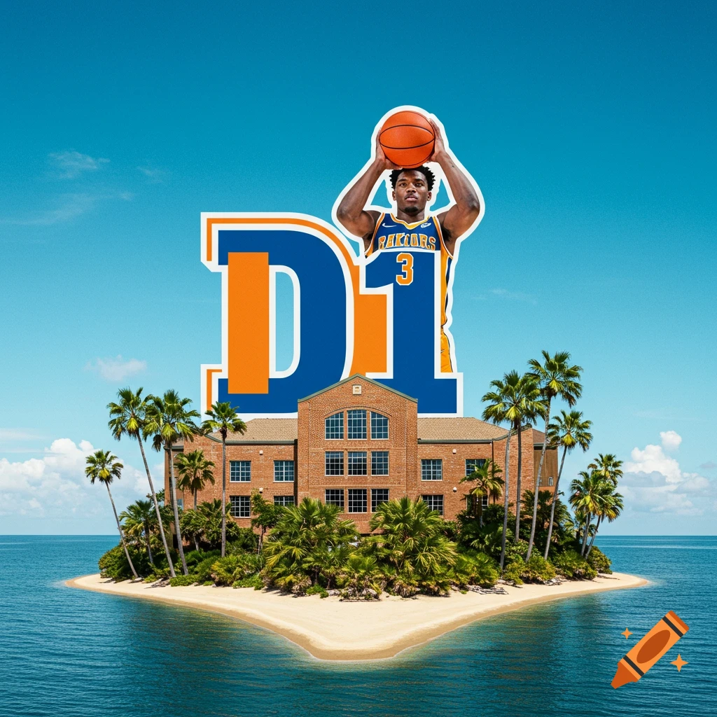 Basketball player stands on large D1 text above a building on a tropical island surrounded by ocean.