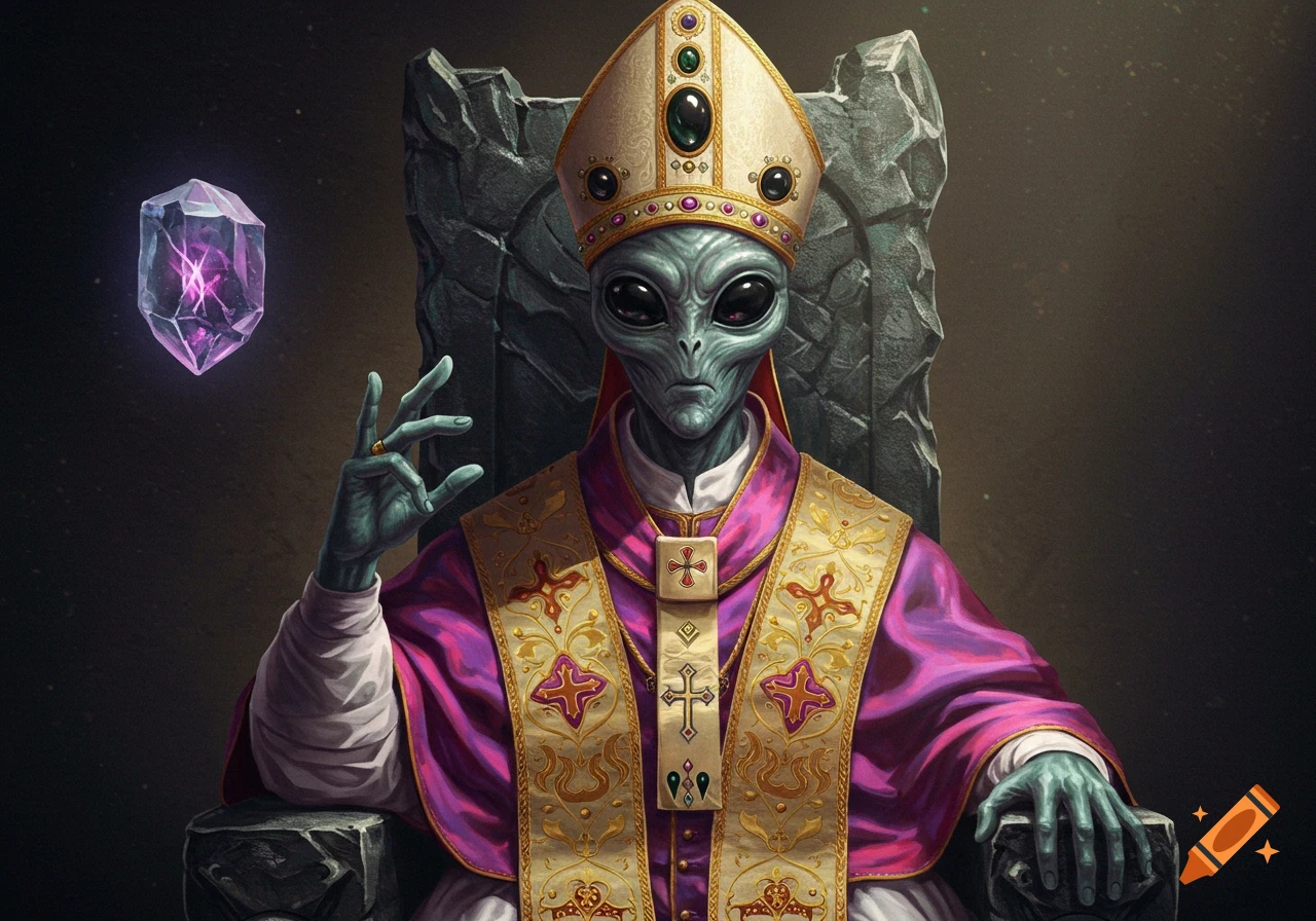 An alien dressed as a pope sits on a throne, holding a glowing crystal.