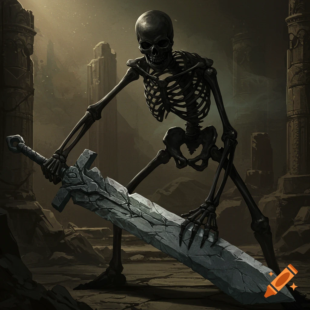 A skeletal figure grips a large, stone sword in a dark, ruined environment.