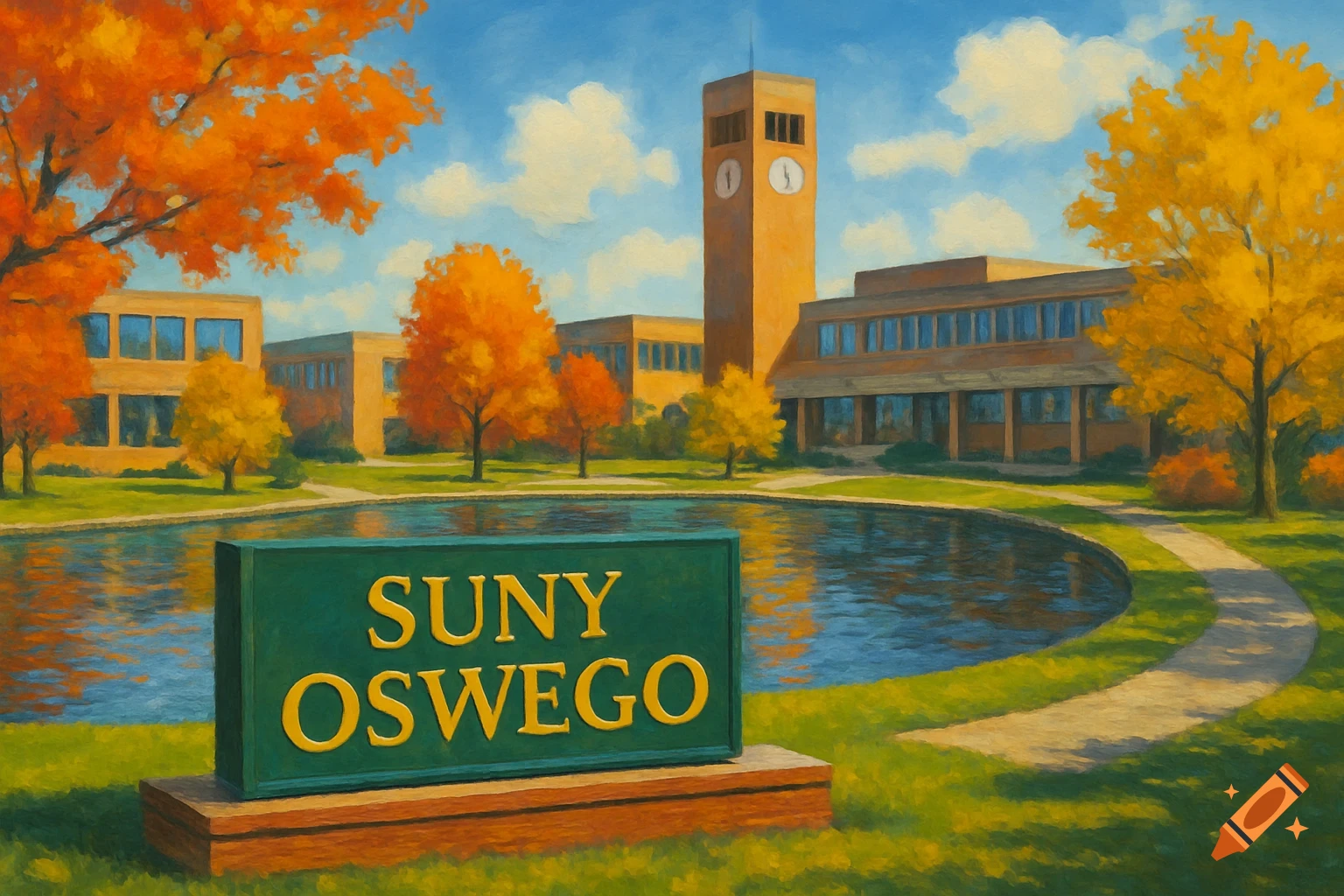 Painted scene of SUNY Oswego campus in autumn with sign, lake, and buildings.