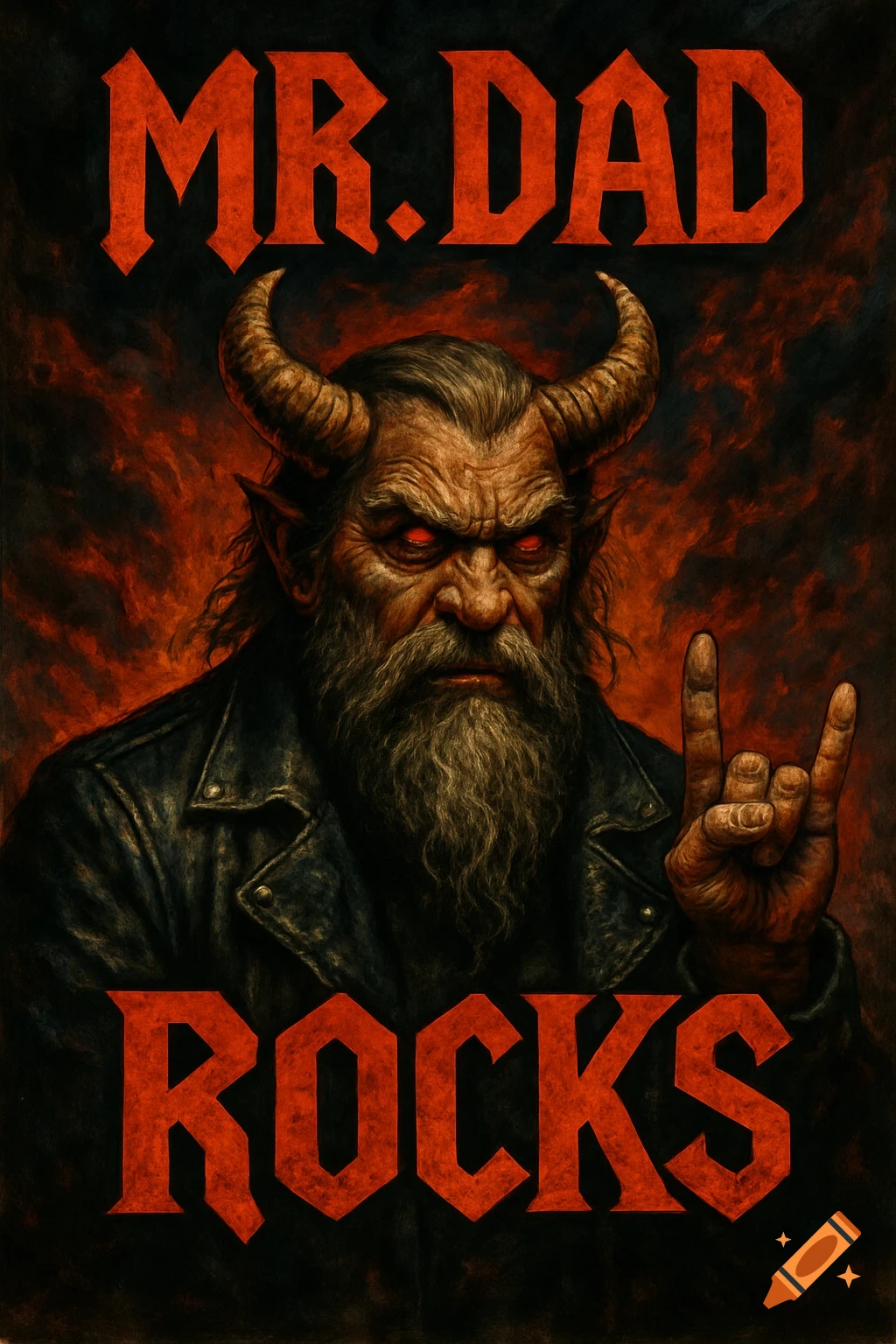 Illustration of a horned, bearded figure in a leather jacket making a rock sign, with text 'MR.DAD ROCKS' in a heavy metal album cover style.