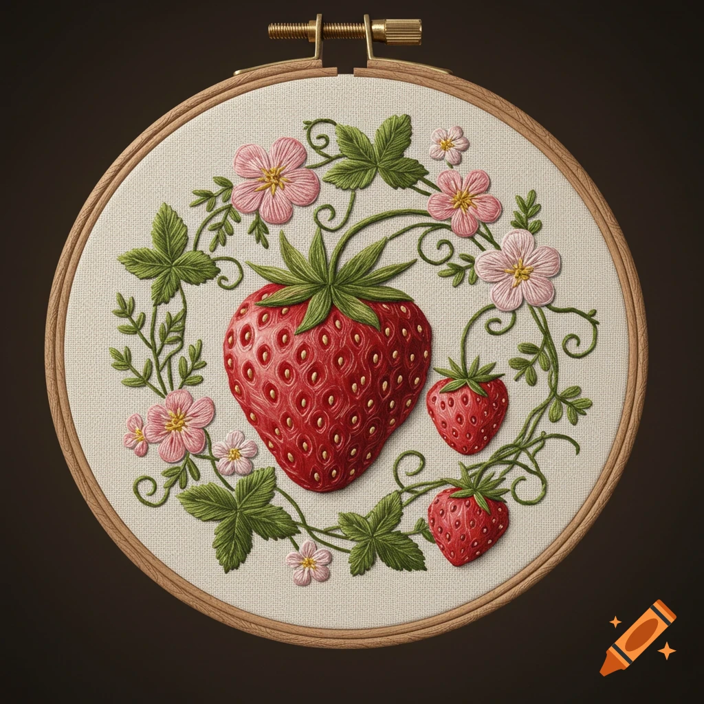 Embroidery of strawberries, pink flowers, and vines in a wooden hoop.