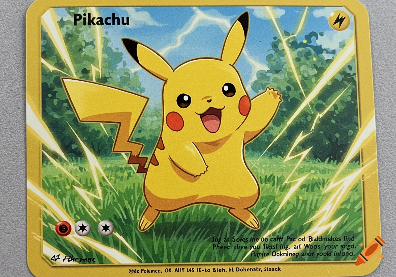 A Pikachu Pokemon card featuring Pikachu in a field with lightning effects.