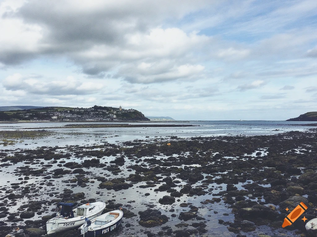 Boats on a rocky shore with a town on a hill in the background under a cloudy sky.