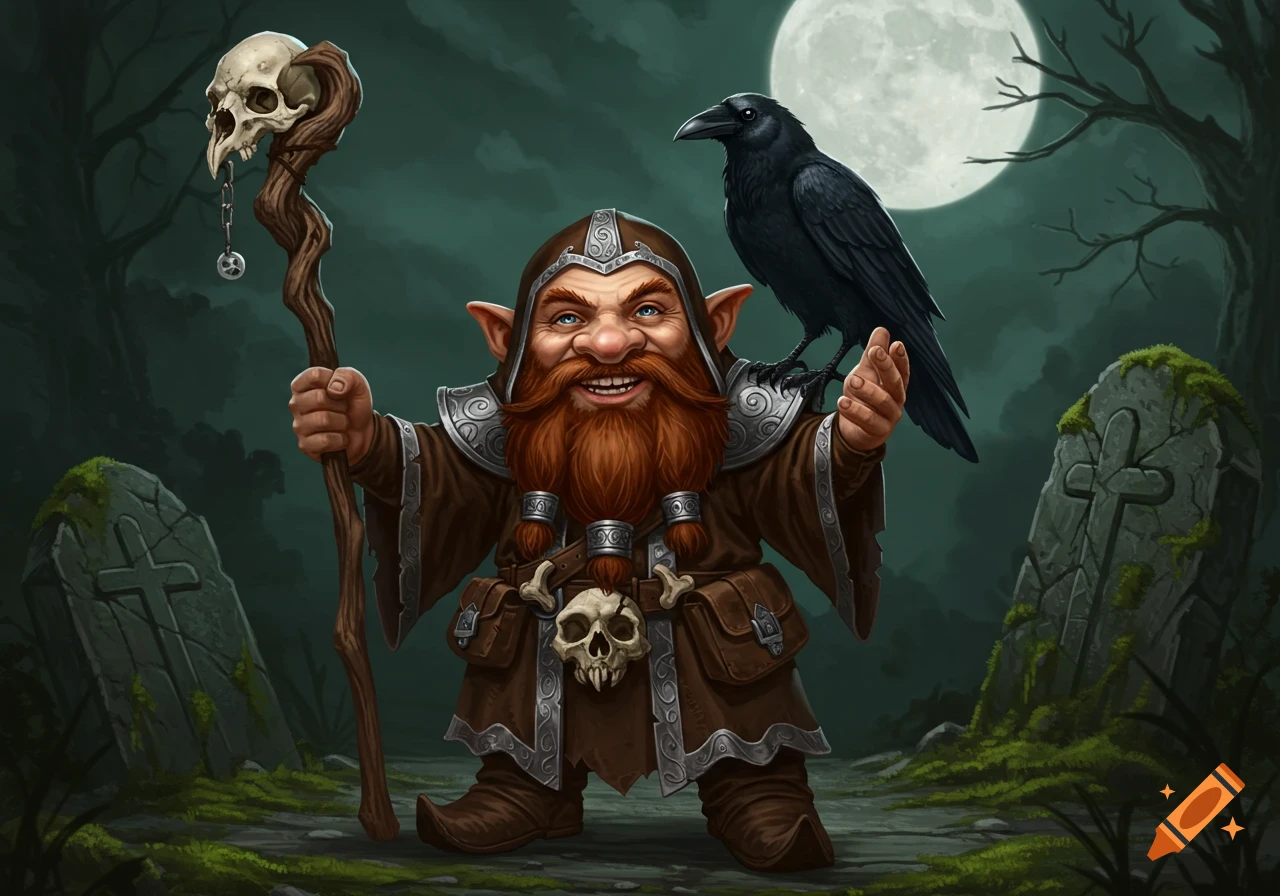 A smiling gnome necromancer with a red beard stands in a graveyard, holding a skull-topped staff and with a raven on his shoulder.