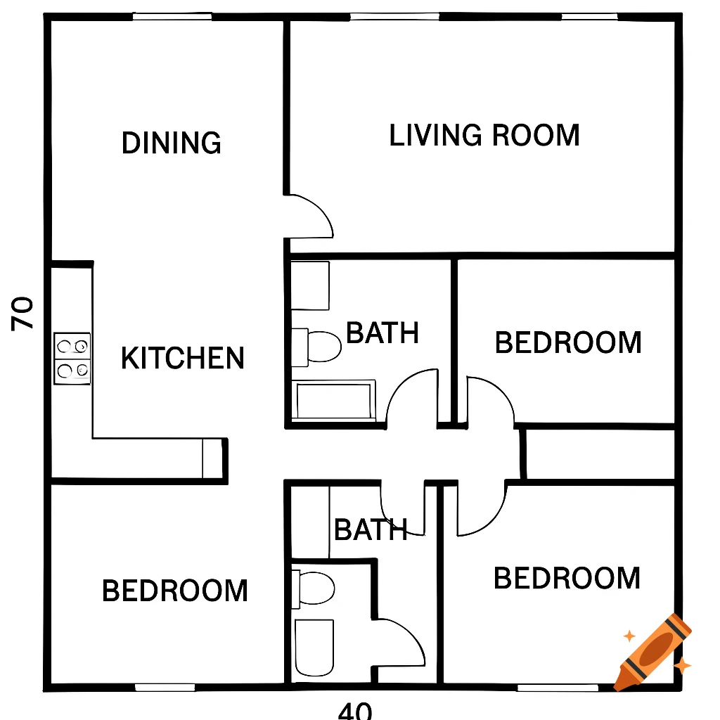 Black and white floor plan diagram of a house showing rooms and dimensions.