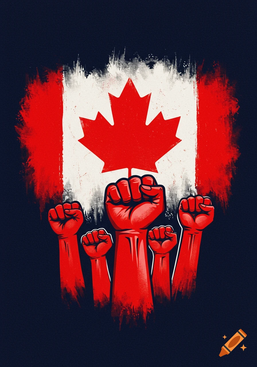 Canadian flag with raised red fists below in graphic style