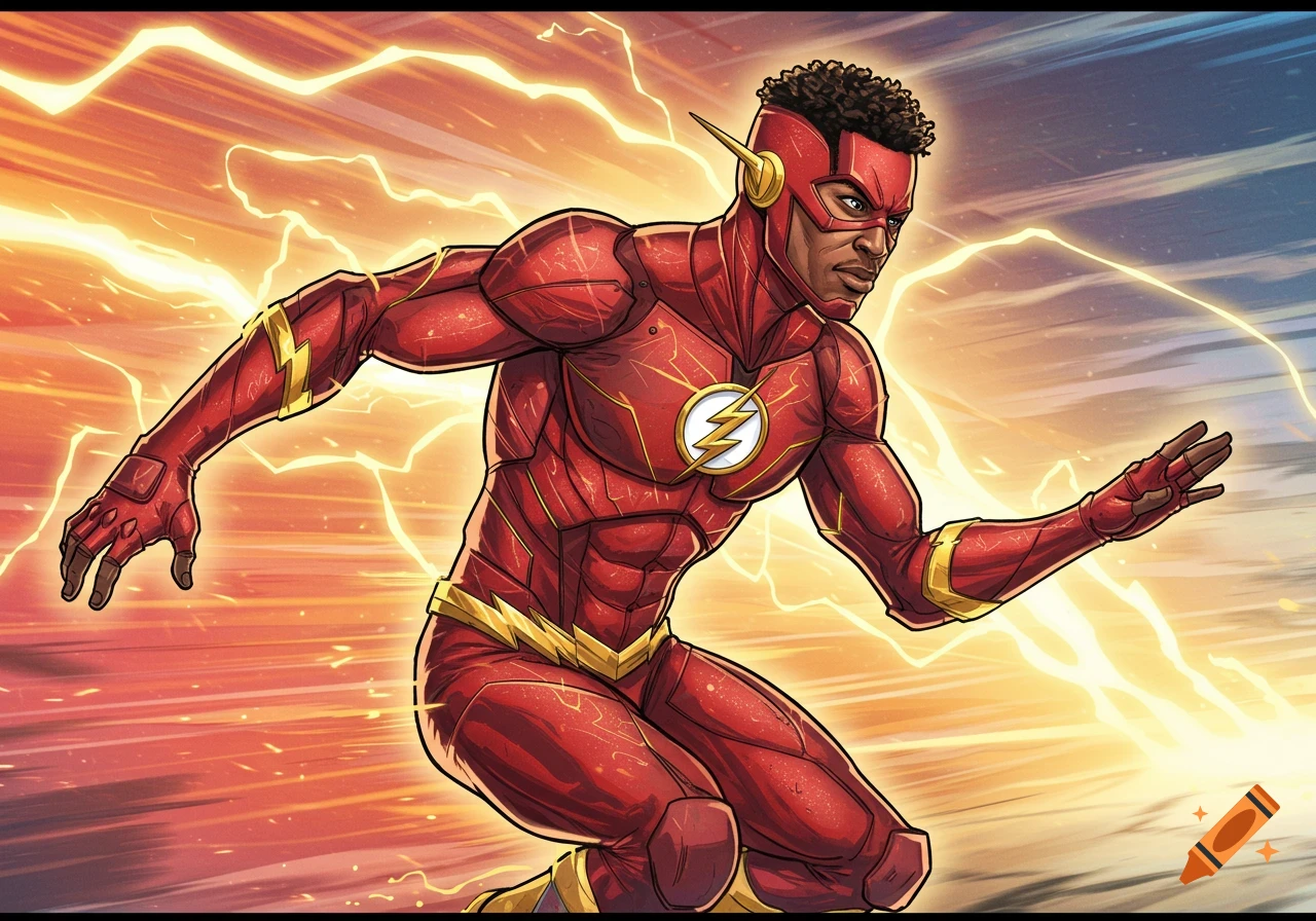 Comic illustration of a Black superhero running at super speed with yellow lightning.