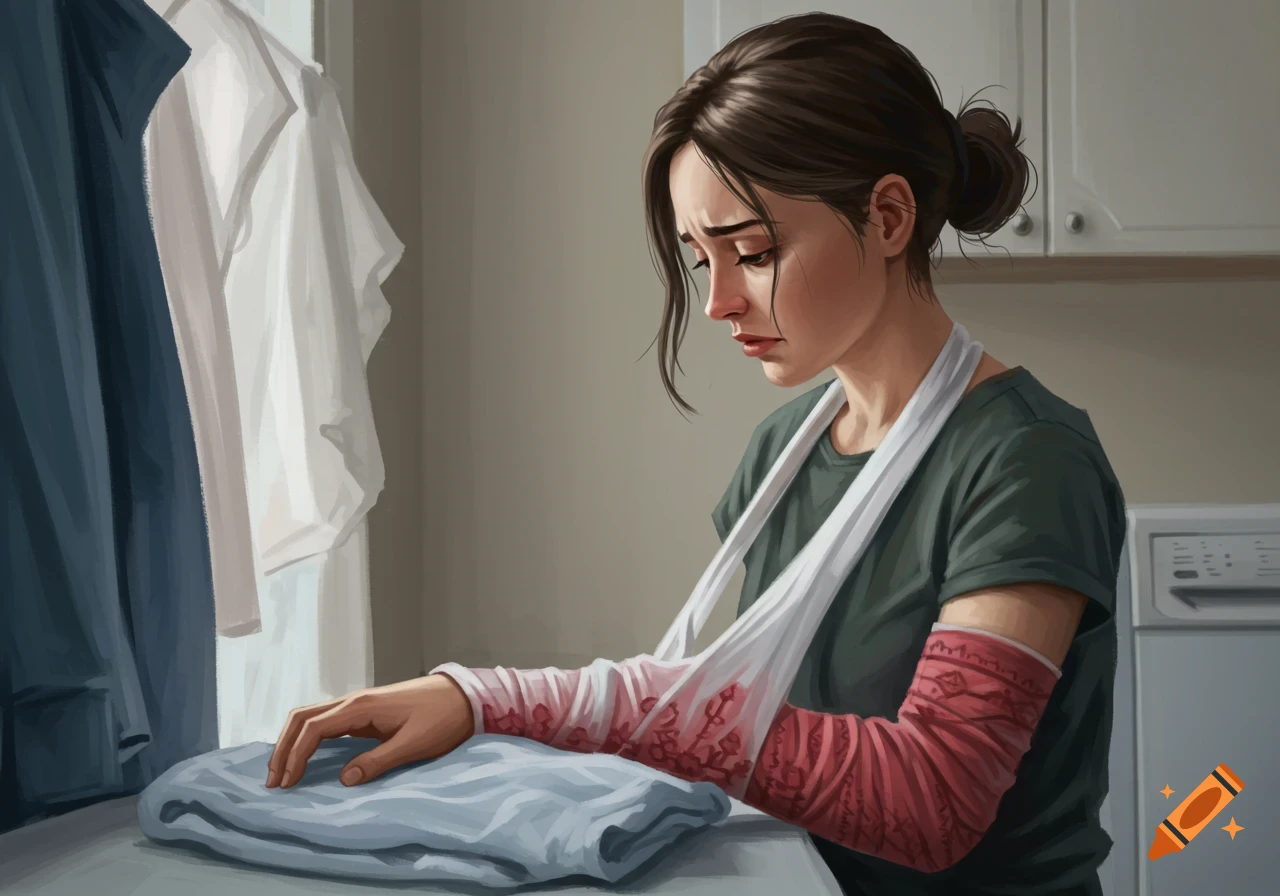 Sad woman with bandaged arms folding laundry, digital illustration.