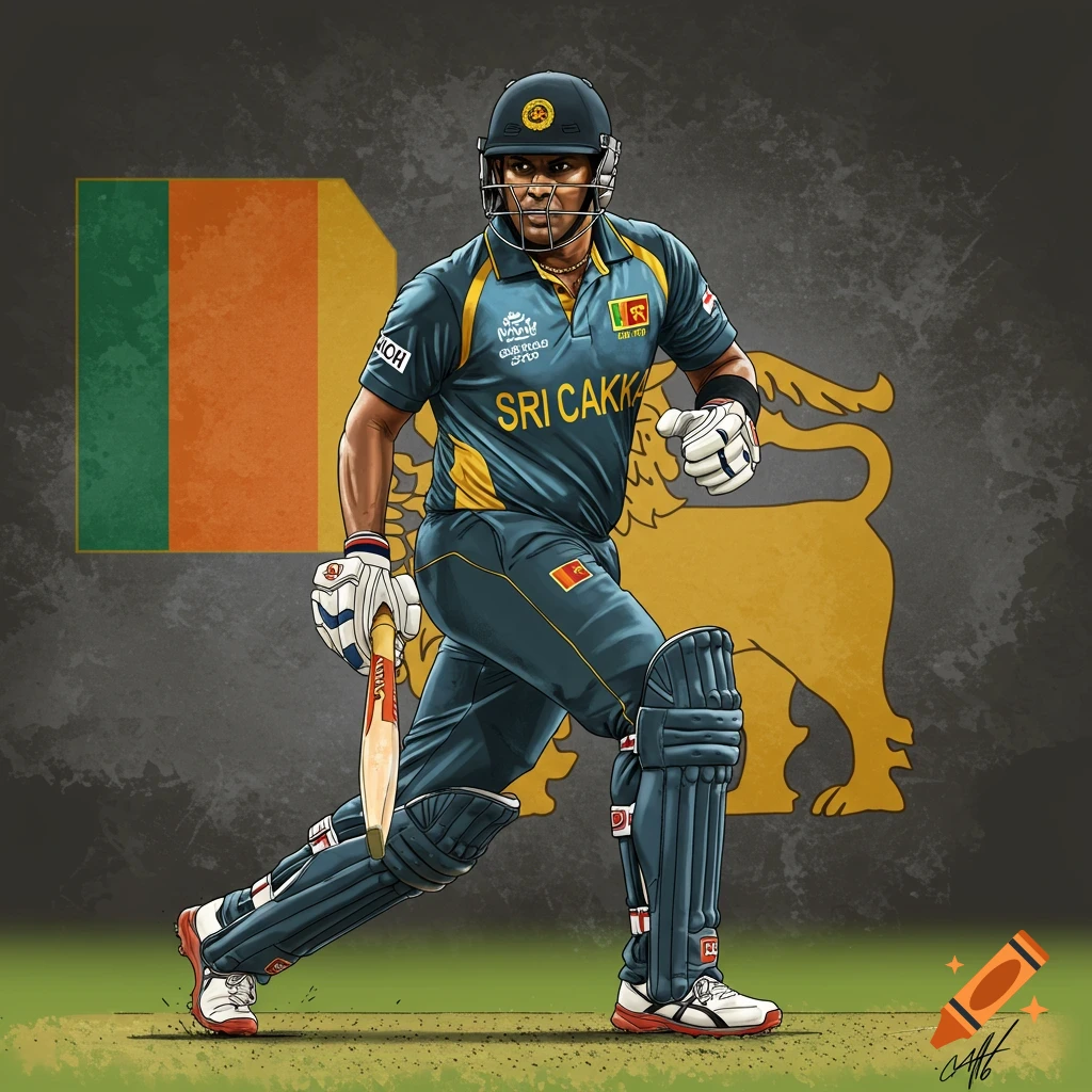 Illustrated Sri Lankan cricket player holding a bat with flag and lion background