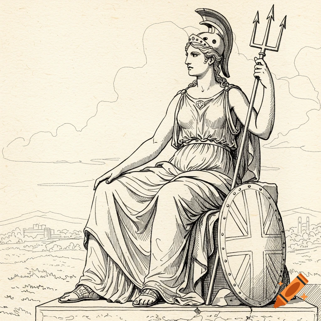 Line drawing of Britannia seated with a Union Jack shield and trident.
