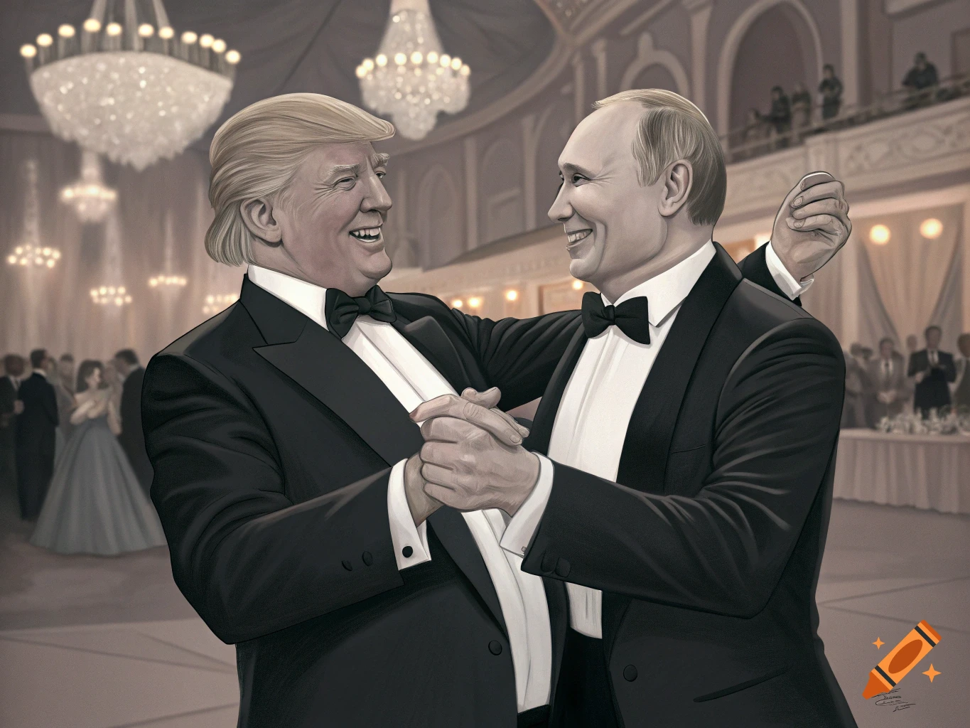 Illustration of Donald Trump and Vladimir Putin dancing together in tuxedos in a grand ballroom.