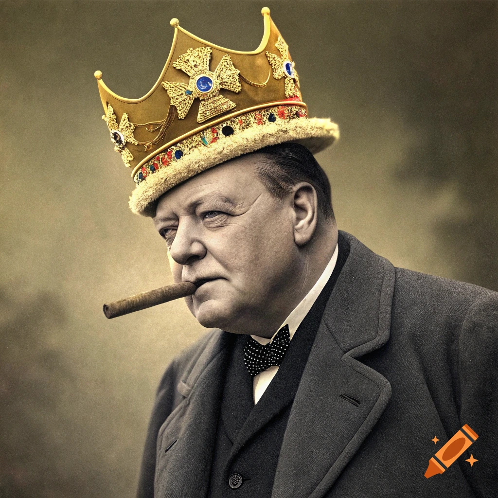 Portrait of a man resembling Winston Churchill wearing a large gold crown and smoking a cigar.