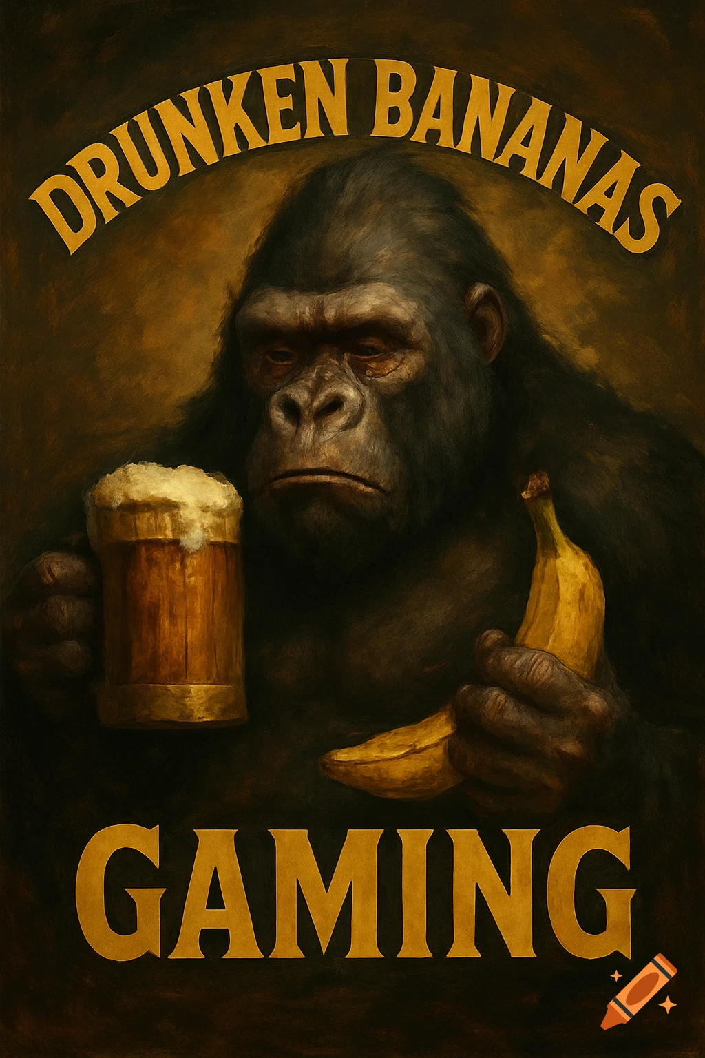 A gorilla holds a beer and a banana with the text 'DRUNKEN BANANAS GAMING' on a dark background.