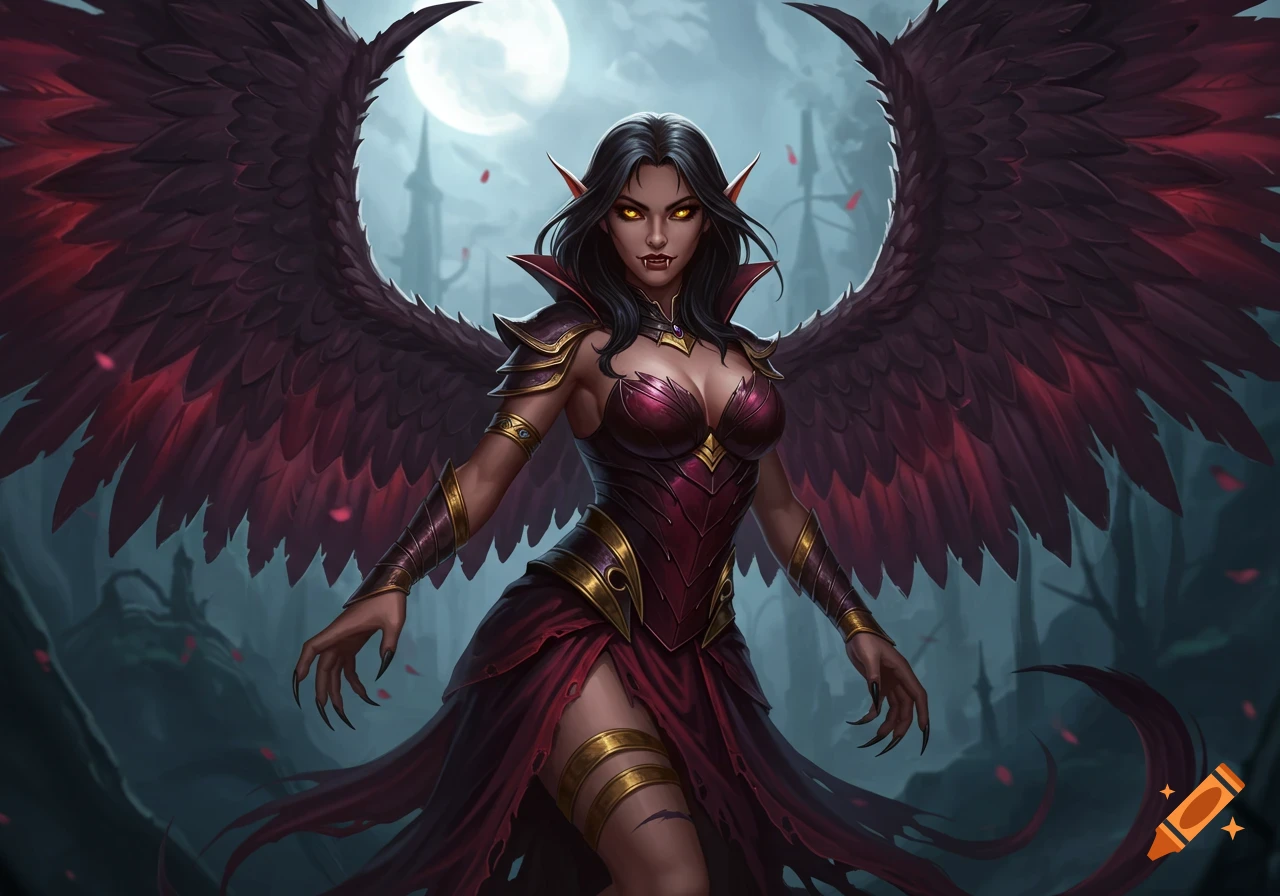 Fantasy illustration of a vampire harpy female with dark wings, red dress, yellow eyes, and fangs in a dark forest.