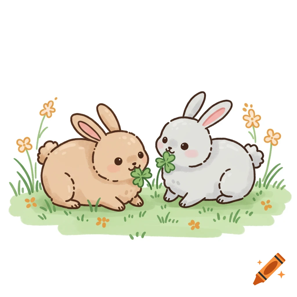 Two cute cartoon rabbits eat clover in a grassy field illustration
