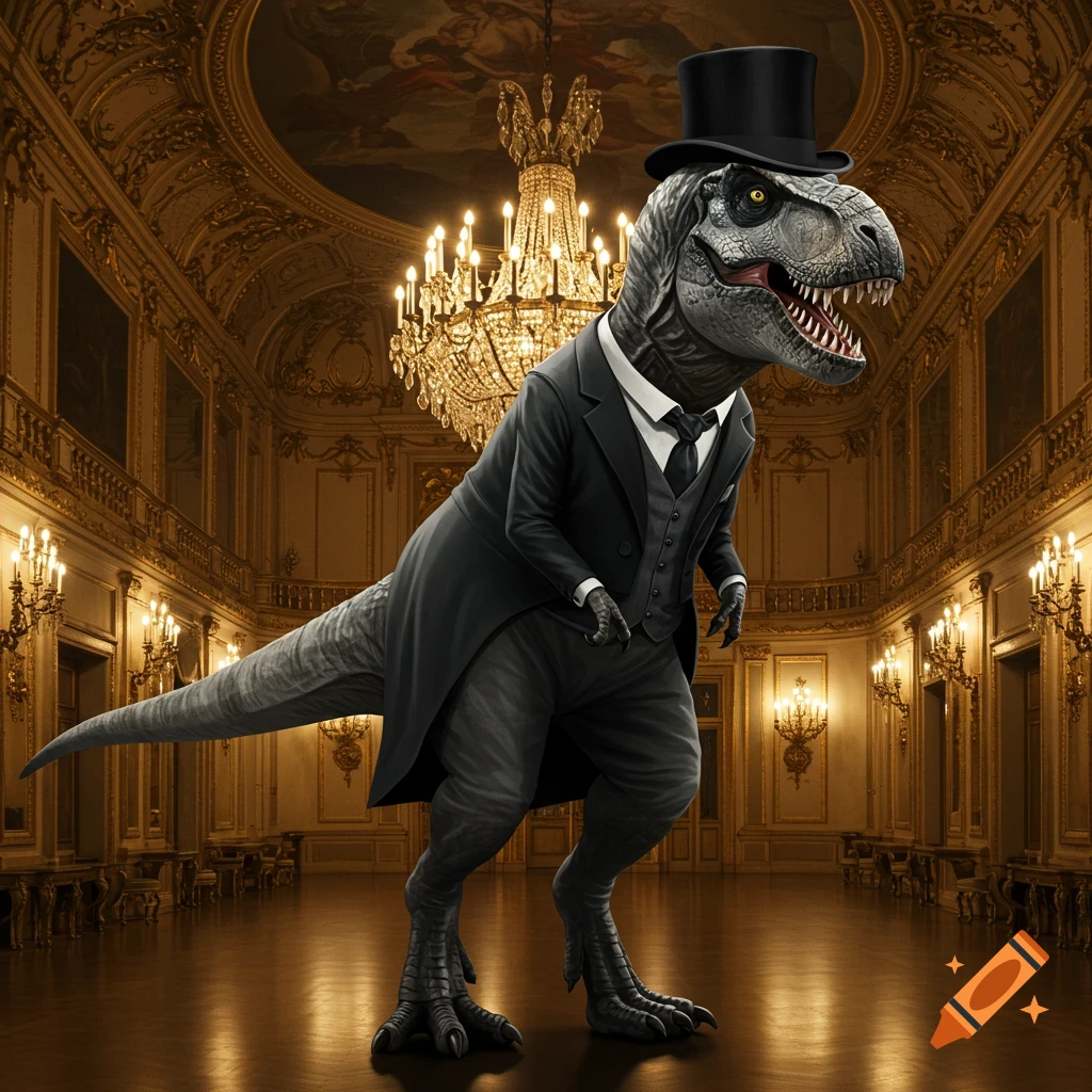 A T-Rex wearing a top hat, suit, and tie stands in a grand, ornate ballroom.