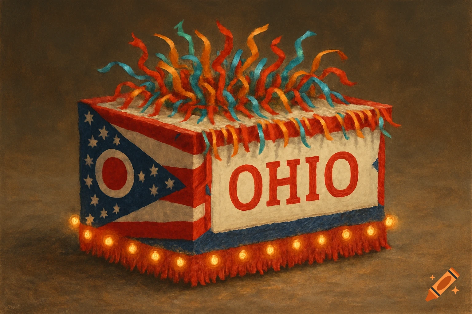 Painting of a parade float decorated with the Ohio flag, 'OHIO' text, lights, and colorful streamers.