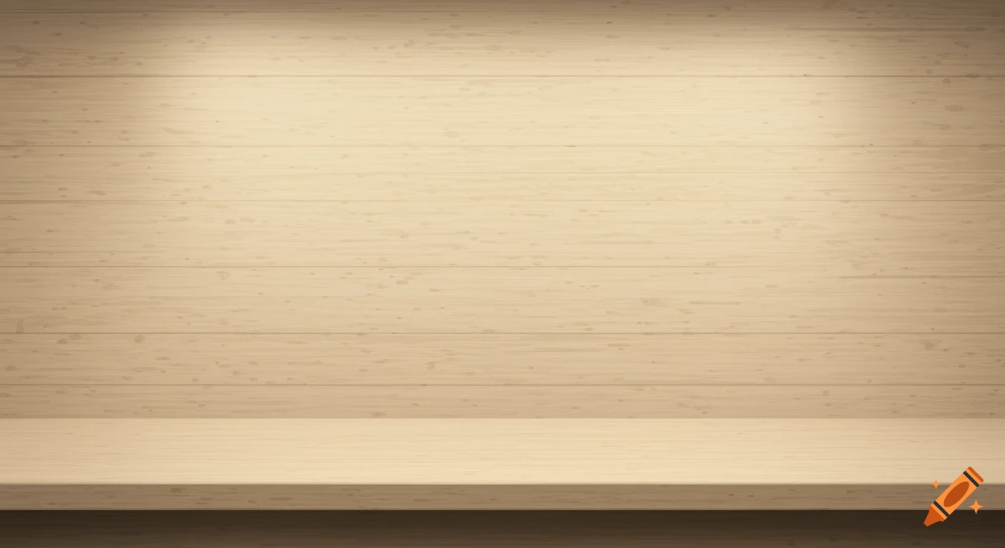 Light wooden background with horizontal planks, illuminated by two soft spotlights from above, with a flat wooden shelf at the bottom.