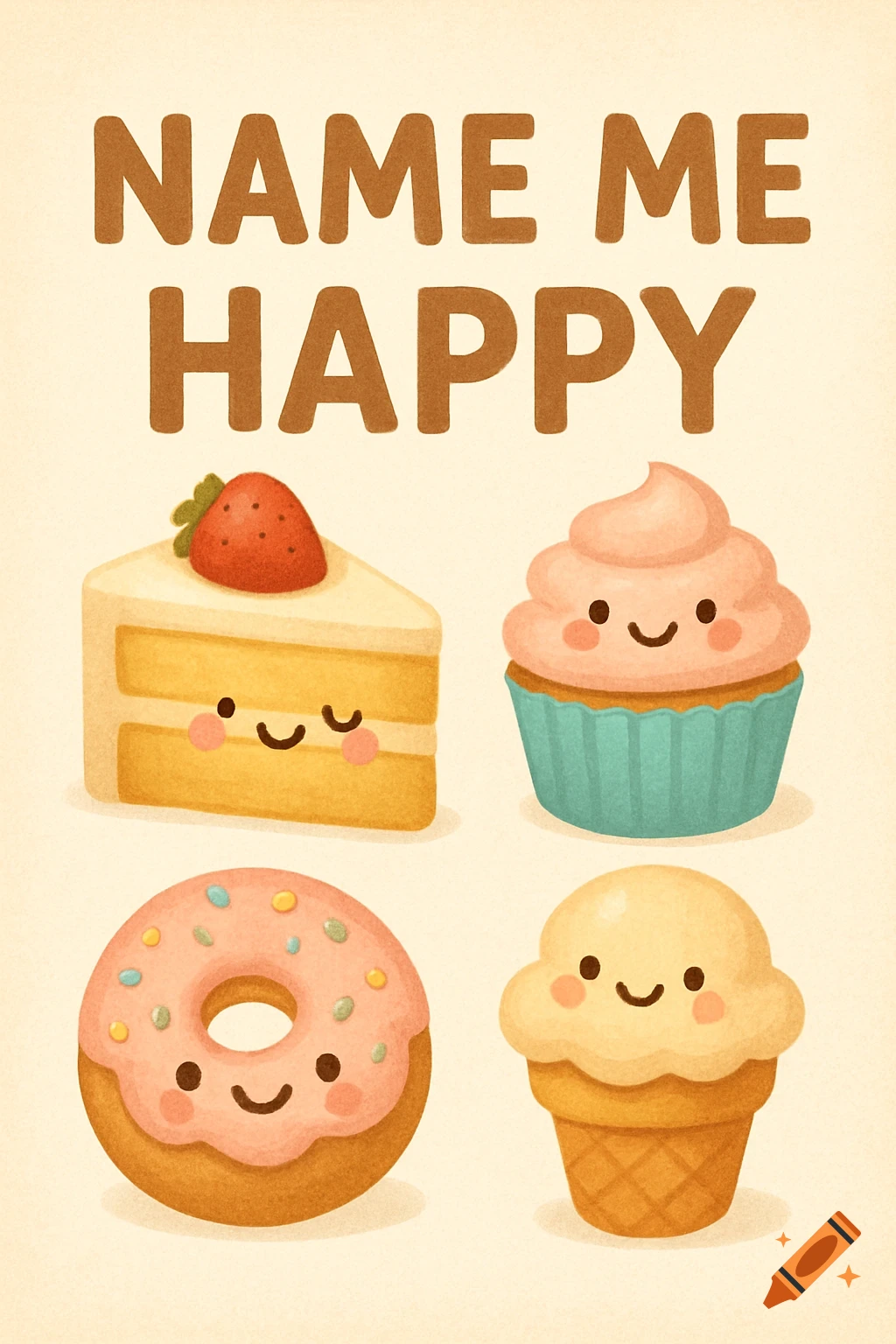 Cute illustrated cake slice, cupcake, donut, and ice cream cone with faces below the text 'NAME ME HAPPY'.