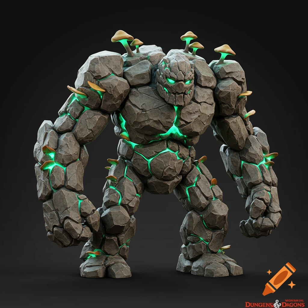 A rock golem covered in glowing cracks and mushrooms stands in a T-pose.