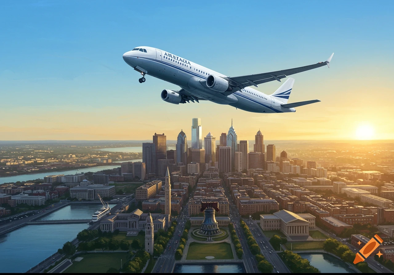 An airplane flies over a city skyline at sunset.
