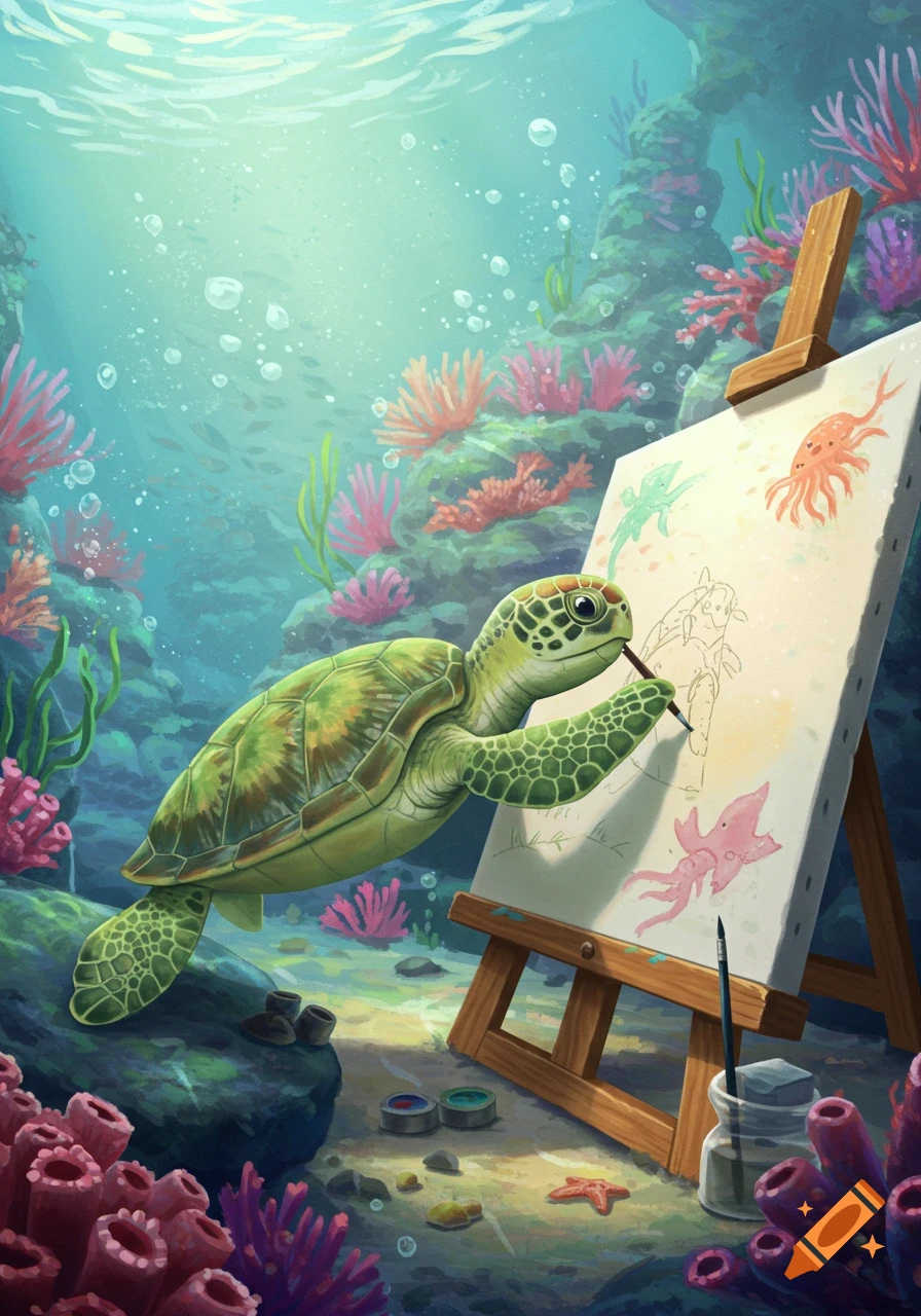 An illustration of a sea turtle painting on an easel underwater in a coral reef.