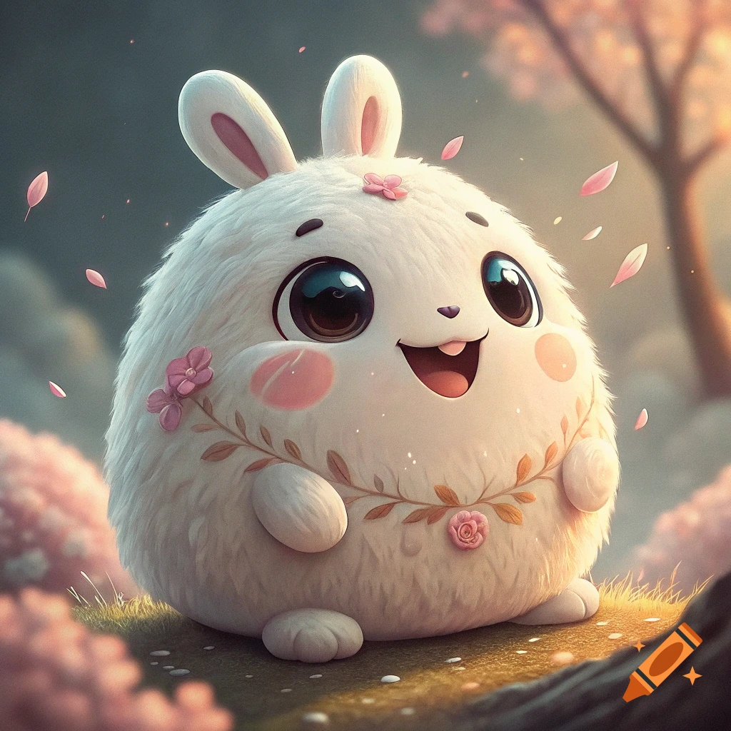 Cute fluffy bunny character with flowers outdoors