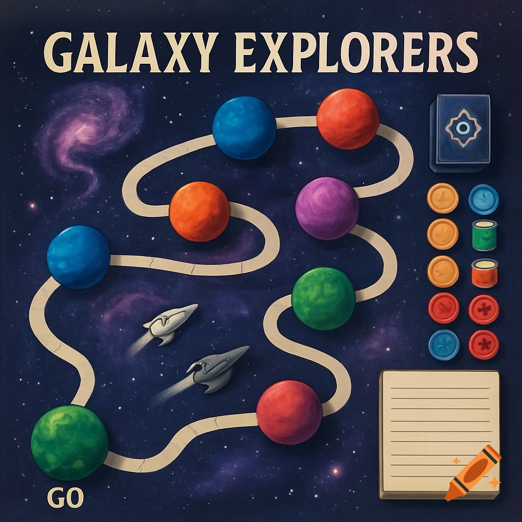 Board game board in space with planets, path, spaceships, and game pieces