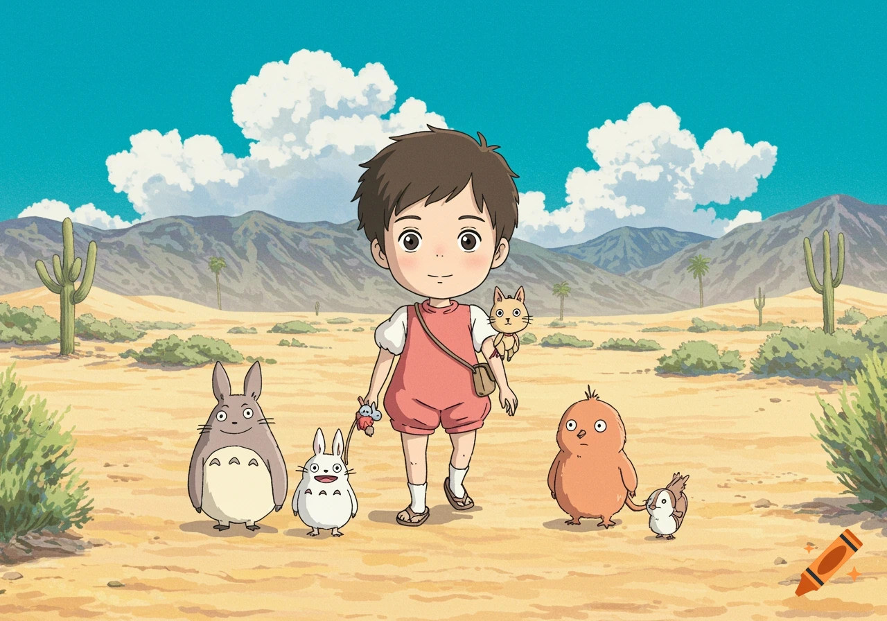 A child walks through a desert with Studio Ghibli characters like Totoro and other small creatures in an anime style.