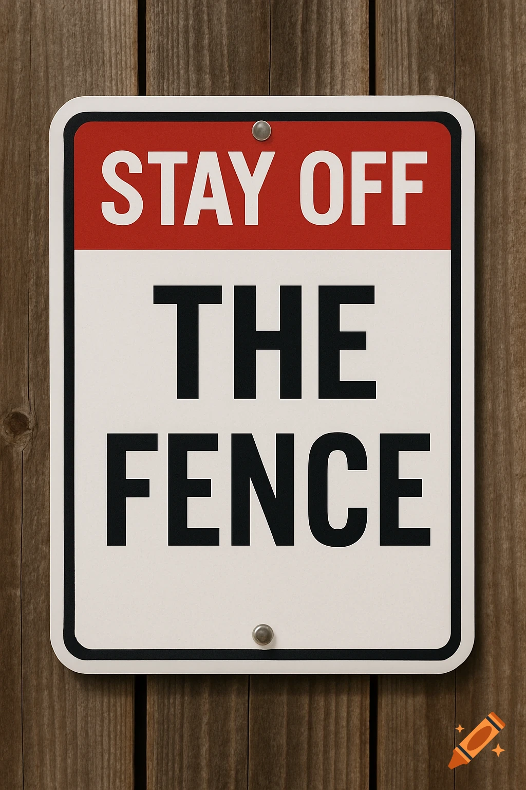 A white and red sign reading 'STAY OFF THE FENCE' on a wooden fence.