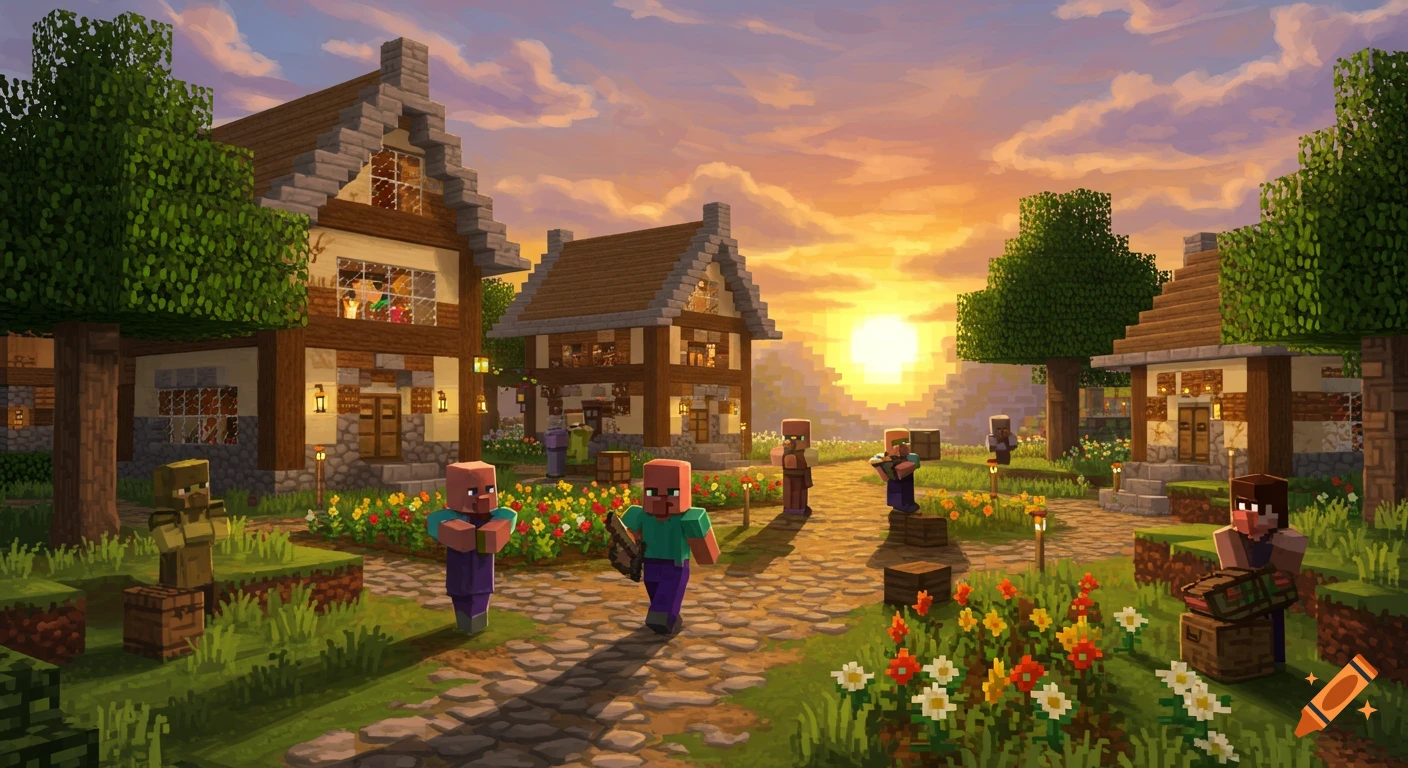 Pixelated Minecraft-style village at sunset with villagers and buildings.