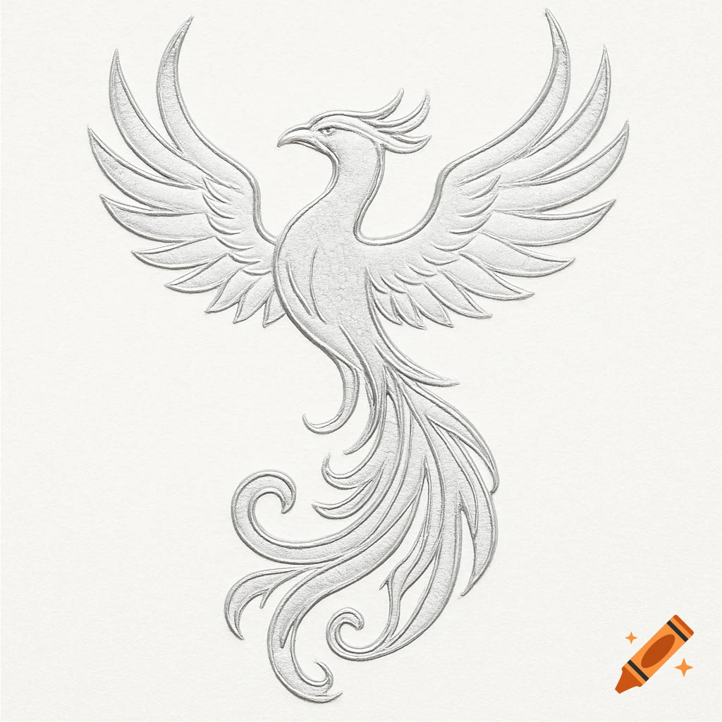 Silver outline phoenix graphic on white, embossed style
