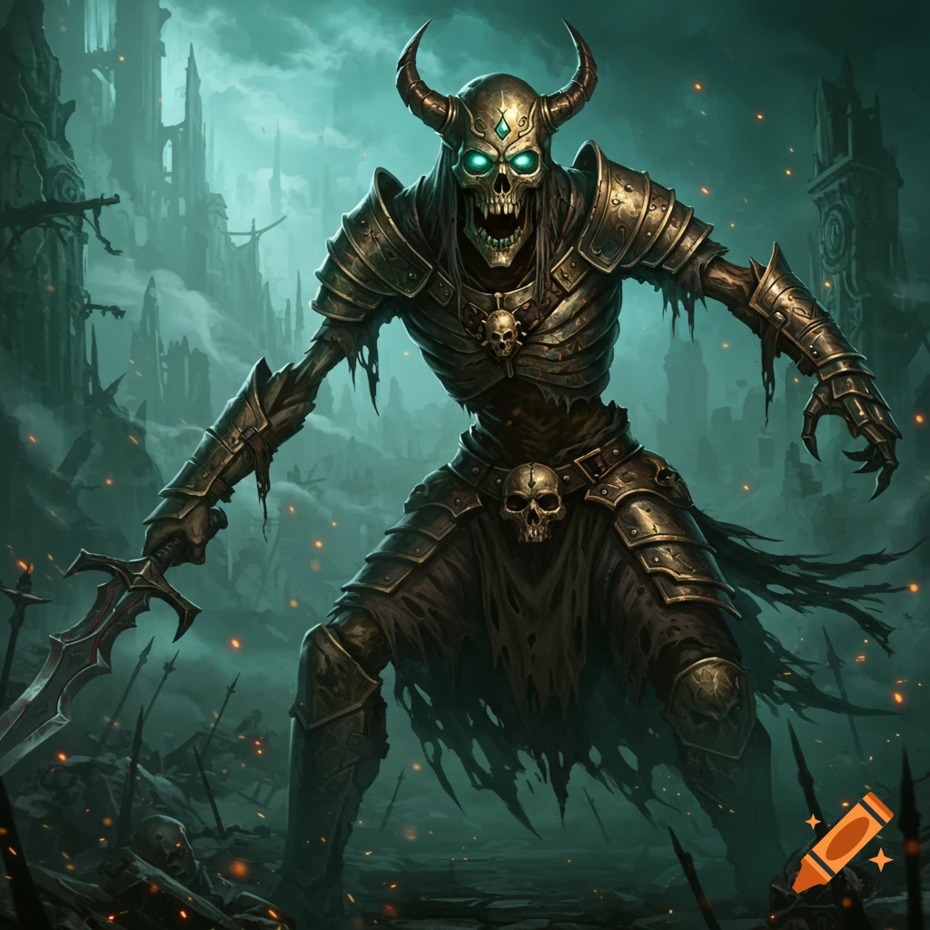 An undead skeletal warrior in ornate armor with glowing eyes and horns stands ready to fight in a ruined city, dark fantasy art.