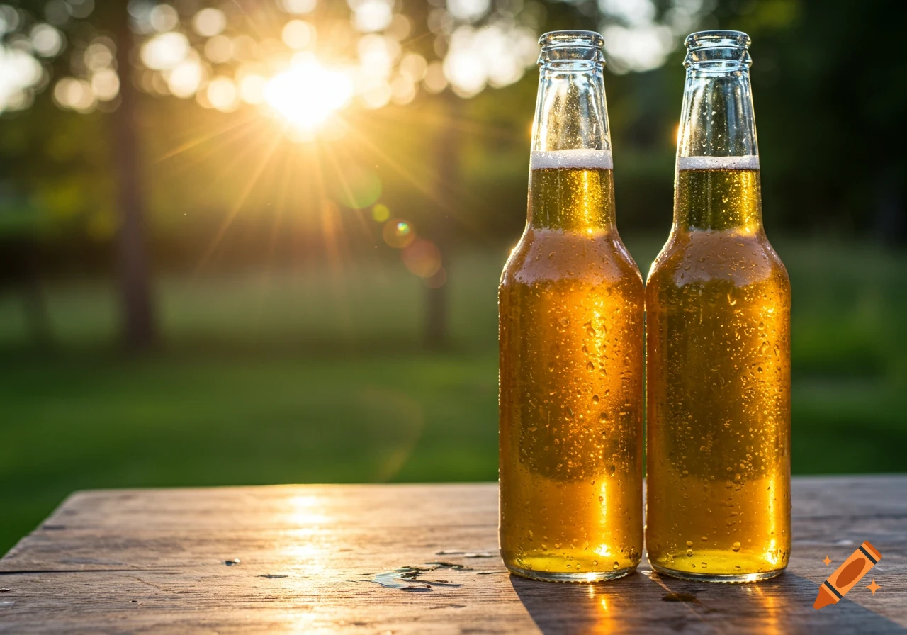 Two beer bottles on a wooden table at sunset.
