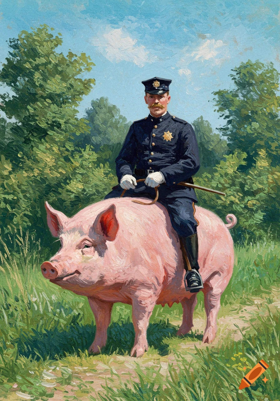 A policeman rides a large pink pig on a path through a field, in an oil painting style.