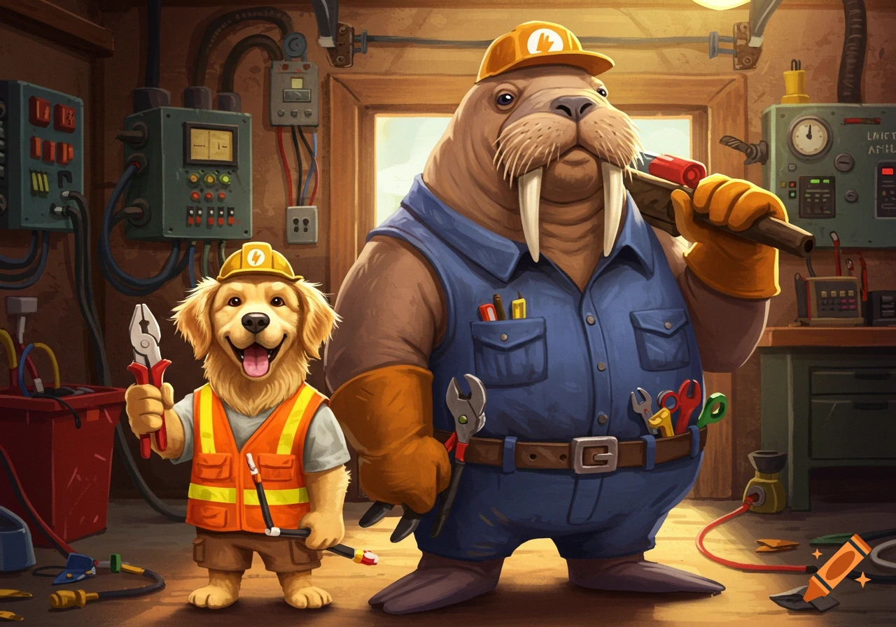 An illustrated golden retriever and a walrus dressed as electricians with tools in a workshop.