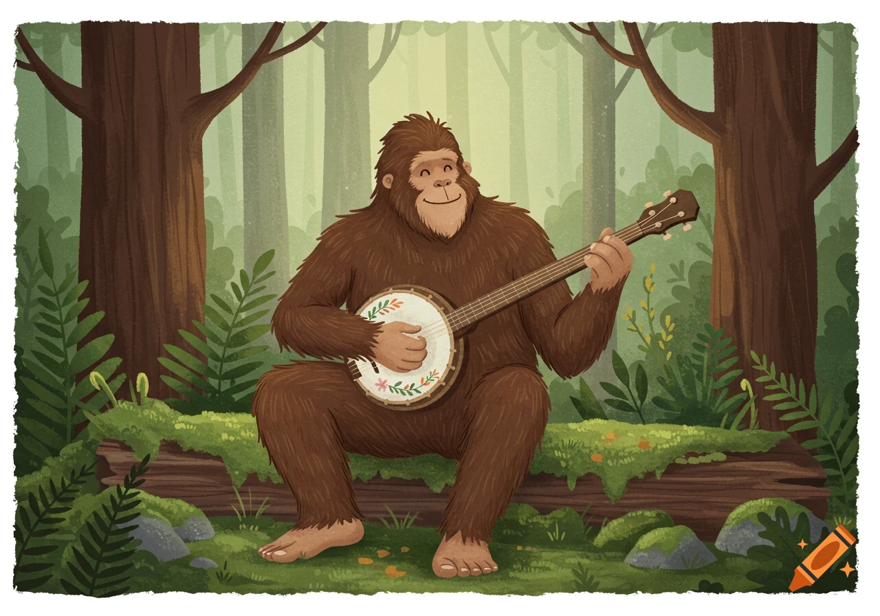 Cartoon illustration of Bigfoot sitting on a log in a forest playing a banjo.