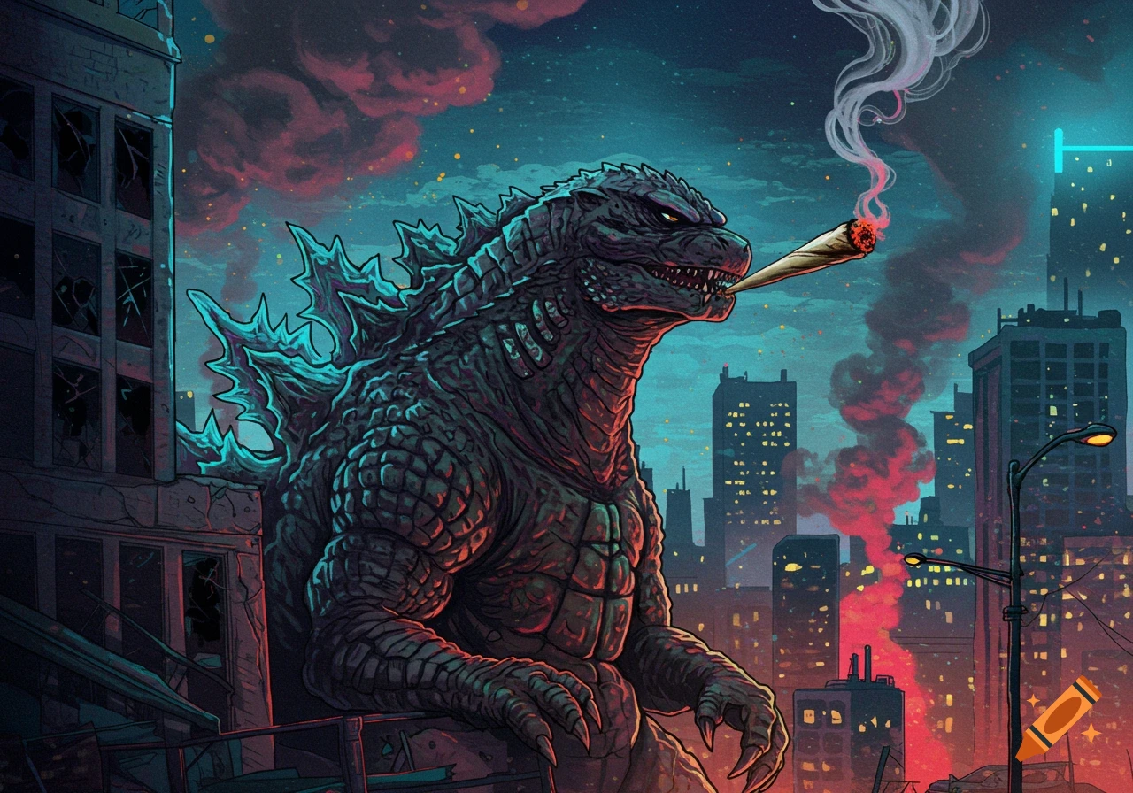 Comic book style illustration of Godzilla smoking a large blunt in a destroyed city at night.