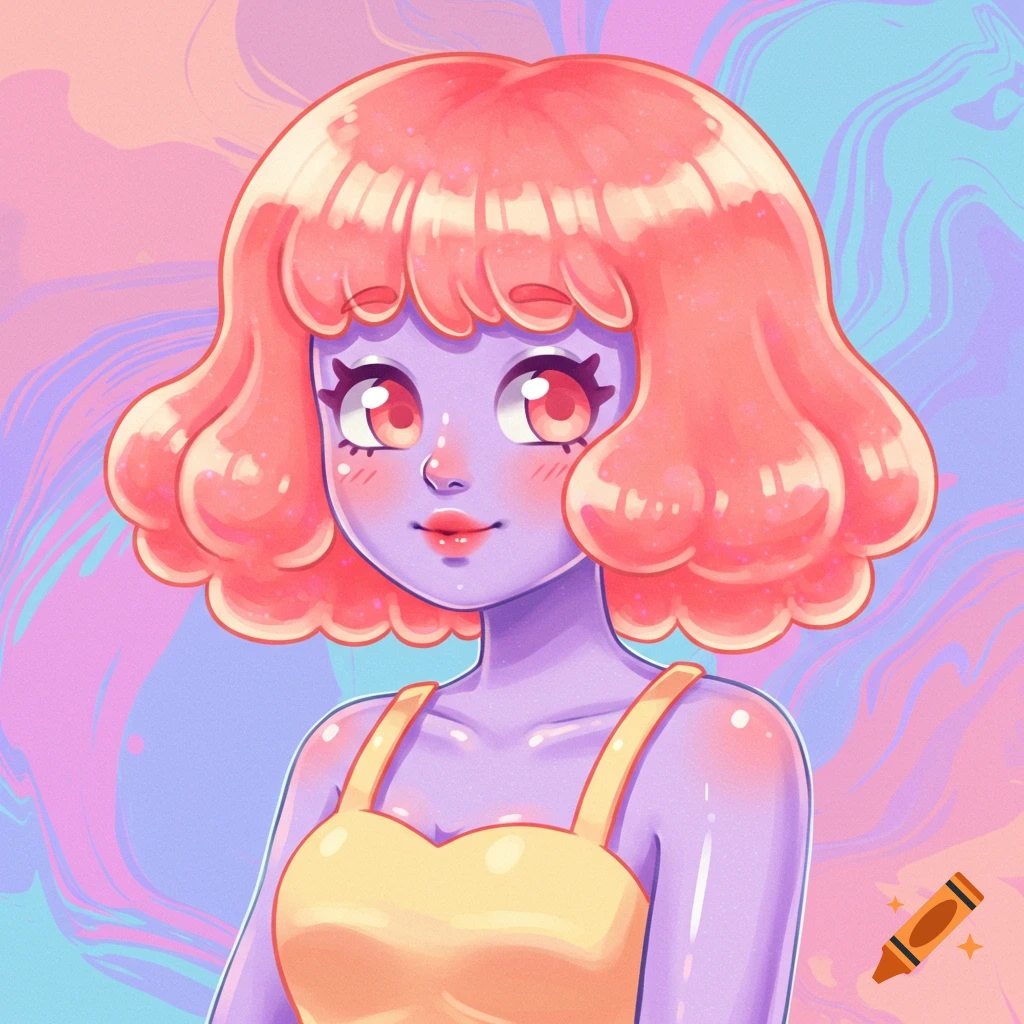 Anime-style portrait of a person with pink hair and purple skin in a yellow top, against a swirling colorful background.