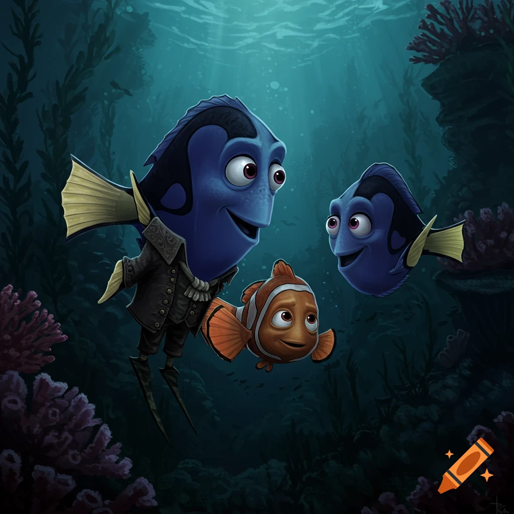 Cartoon Nemo and Dory swim underwater, one wearing a gothic coat. on ...