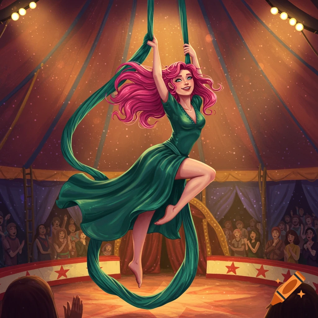 Woman with pink hair and green dress performs aerial silks in a circus tent, digital art style.