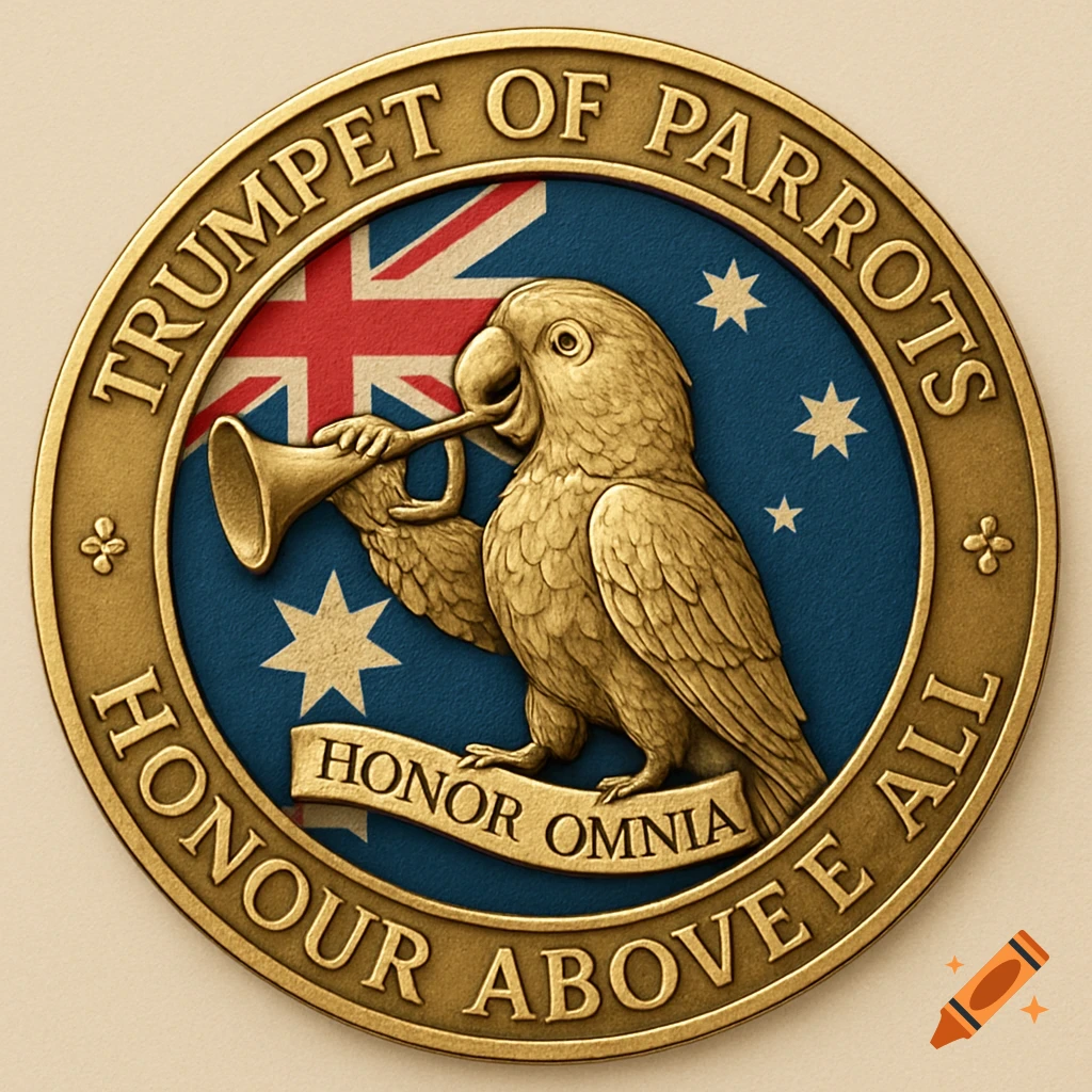 Gold badge with parrot blowing trumpet on Australian flag background, text around edge and on banner.