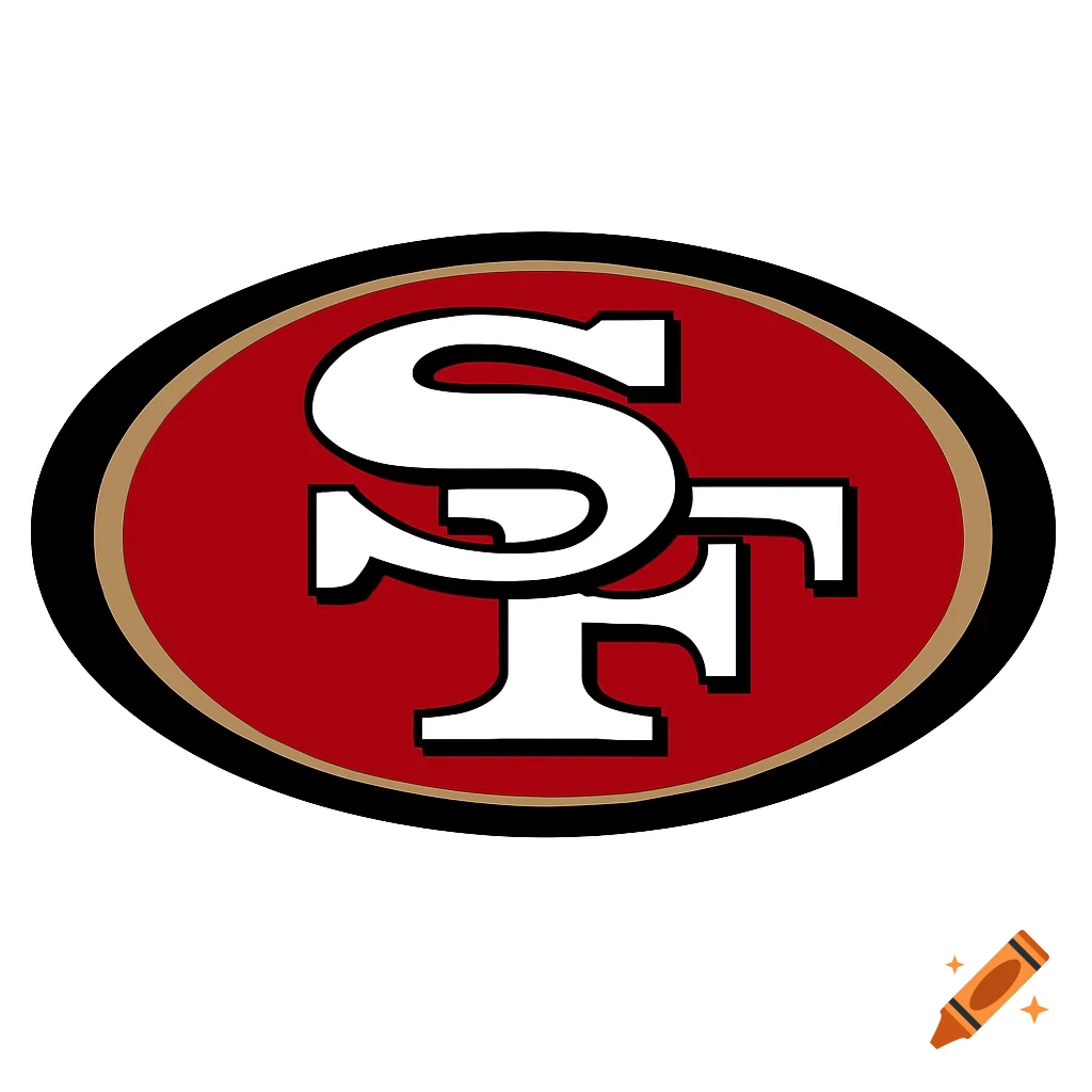 San Francisco 49ers logo, red oval with gold and black outline, white 'SF' in the center.