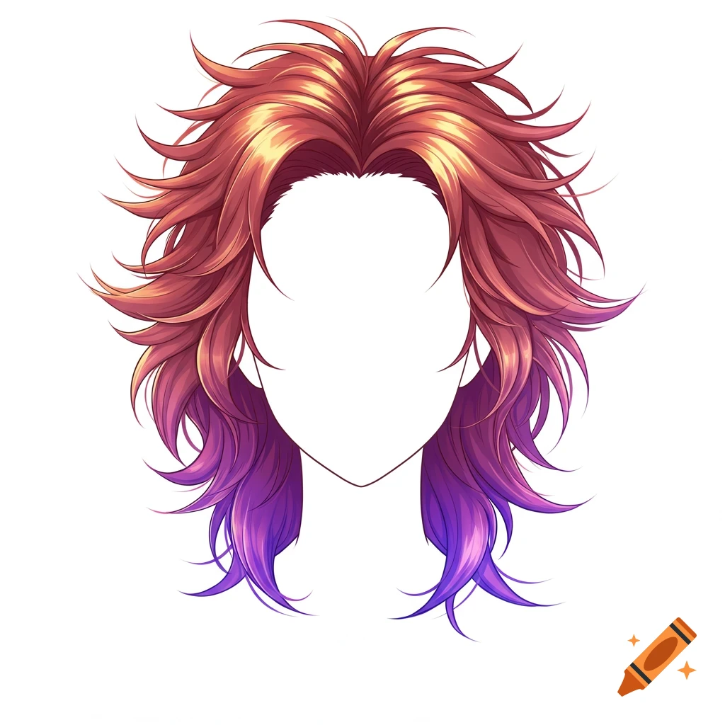 Anime messy reddish-brown hair with purple tips on white.