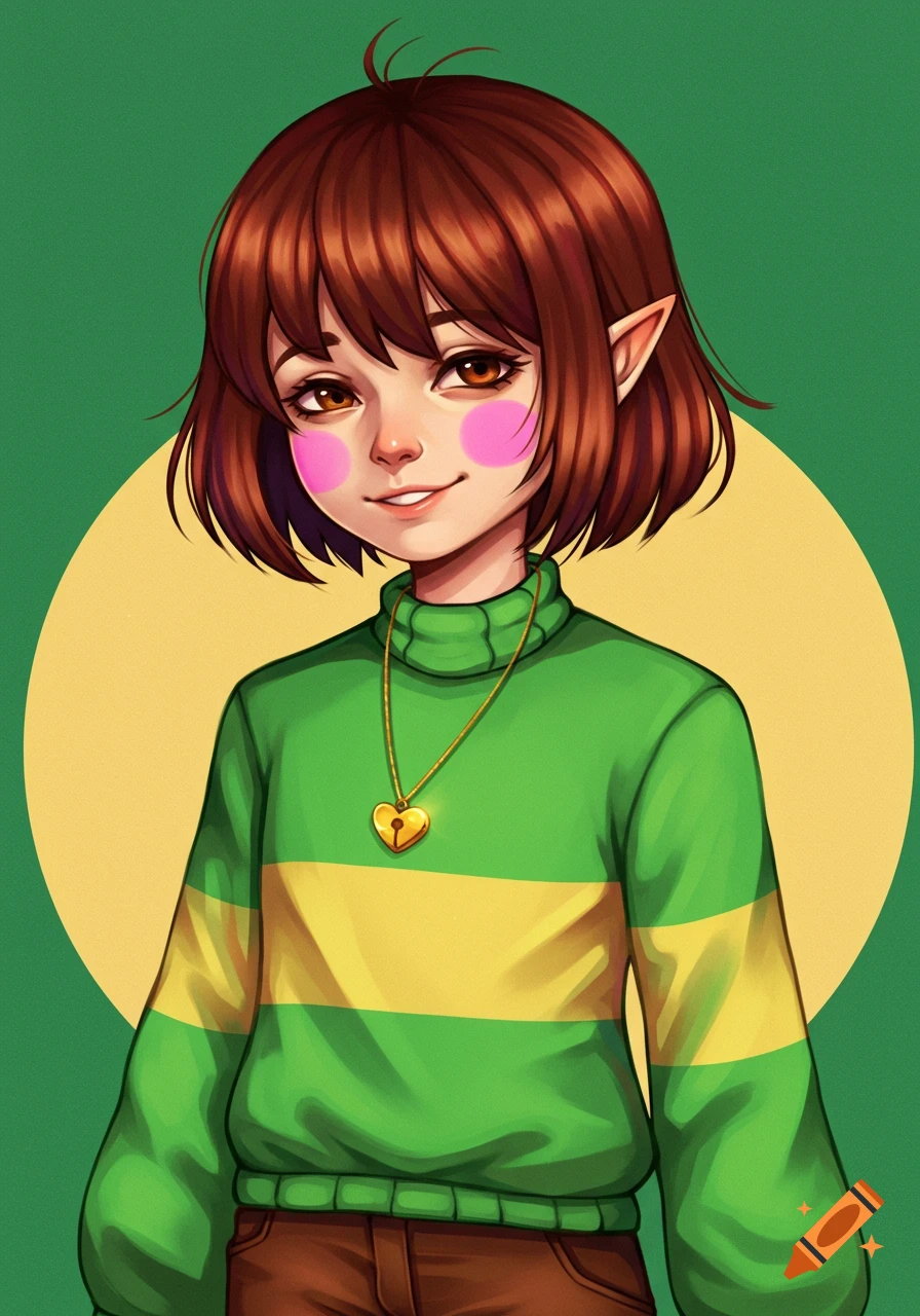 A portrait of a person with brown hair and pointed ears wearing a green and yellow striped sweater and a heart locket necklace.